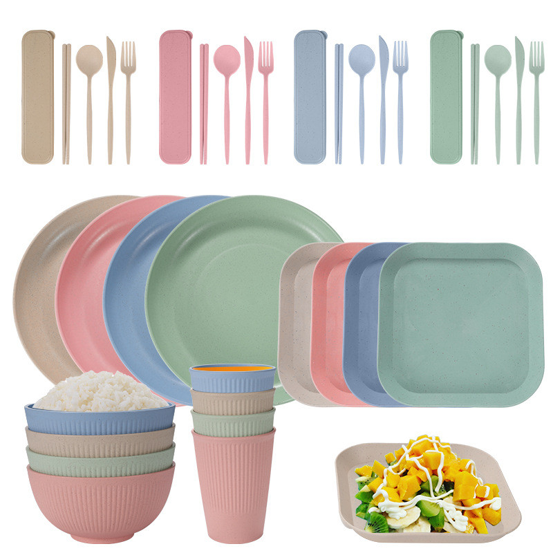 36 Buah/Set Set Peralatan Makan Jerami Gandum Pisau Garpu Sendok Sumpit Mangkuk Cangkir Piring Set P