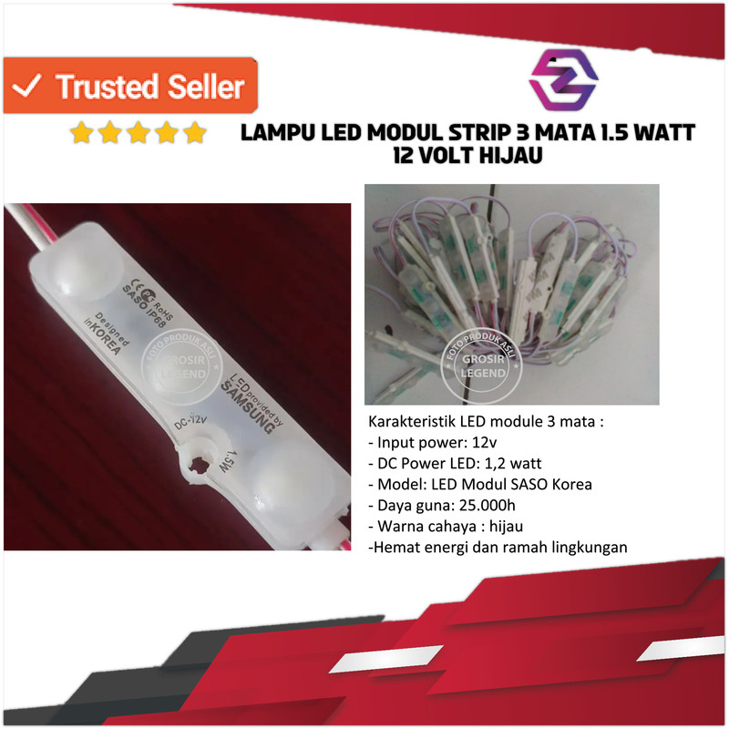 Lampu led modul strip 3 mata Samsung 1.5 watt 12 volt hijau
