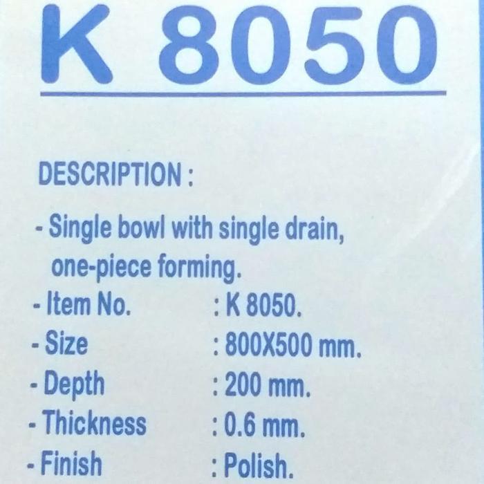 Kitchen Sink Kossai K8050, bak cuci piring 1 lubang dalam stainless