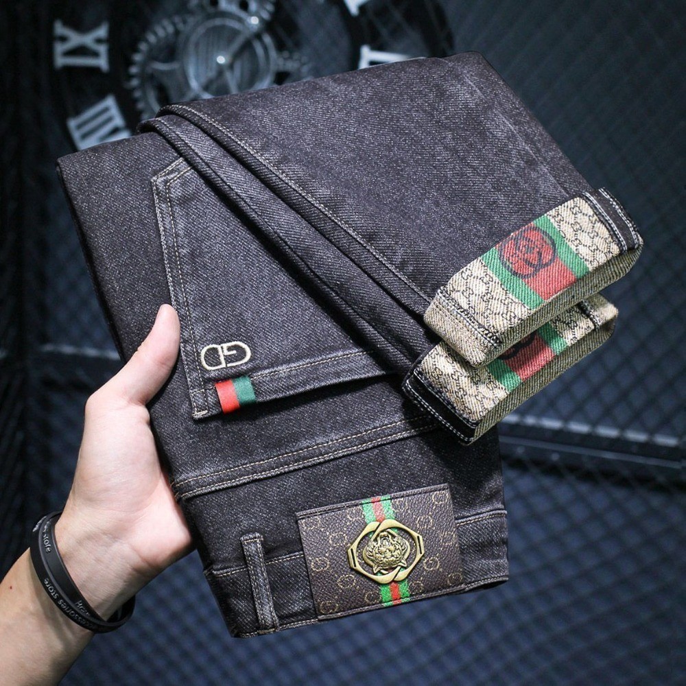 Casual Trendy Embroidered Men'S Jeans Autumn Winter New Arrival Slim Fit Charcoal Grey Trousers