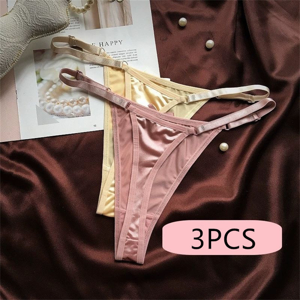 Adjustable Thongs Women Smooth Glossy Silk Low Waist Satin T-Back Panties Plus Size Culotte Femme