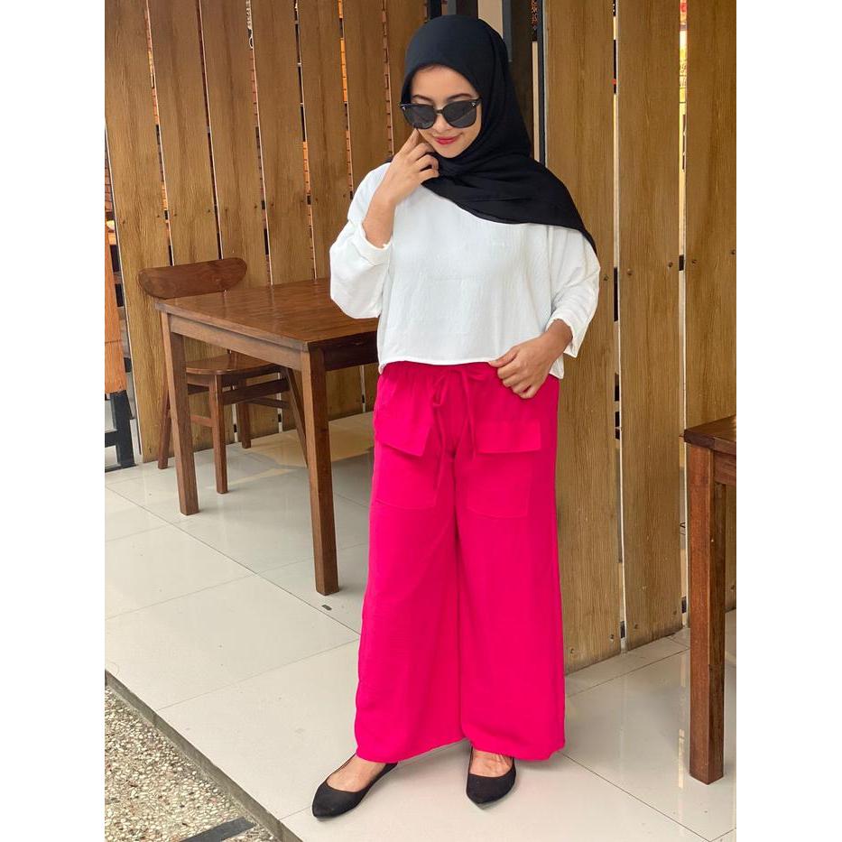 Setelan Atasan Stacy Crop Celana Neva Pocket Crincle Highwaist Airflow Exskulusif