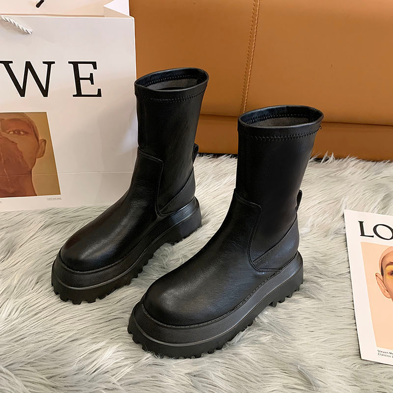 Ladies 2022 Women's Platform Chelsea Black Mid Calf Boots Pipe Autumn Winter Flat Short Leather