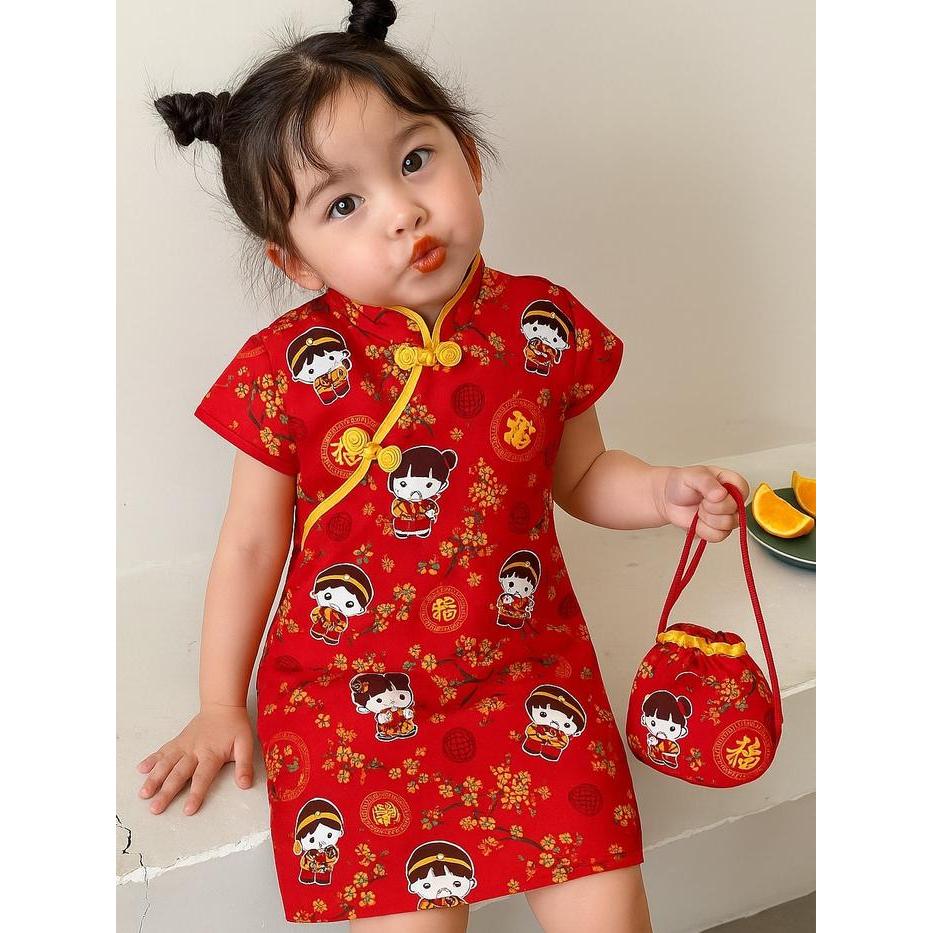 Osraam Christmas - Cheongsam Baju Cina Dress Anak Perempuan Model Lurus Cantik Motif - Fashion