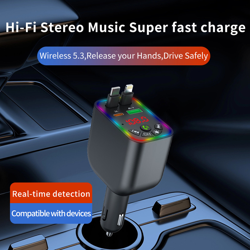 Y5 Retractable Car Charger - Fast Charge, Bluetooth MP3 & Digital Display with Colorful LED, USB