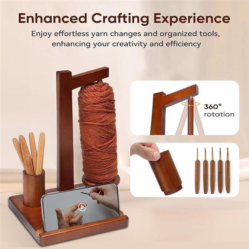 ABSS-Wooden Yarn Holder With Phone Holder Wooden Yarn Holder For Crocheting Yarn Spindle And Yarn