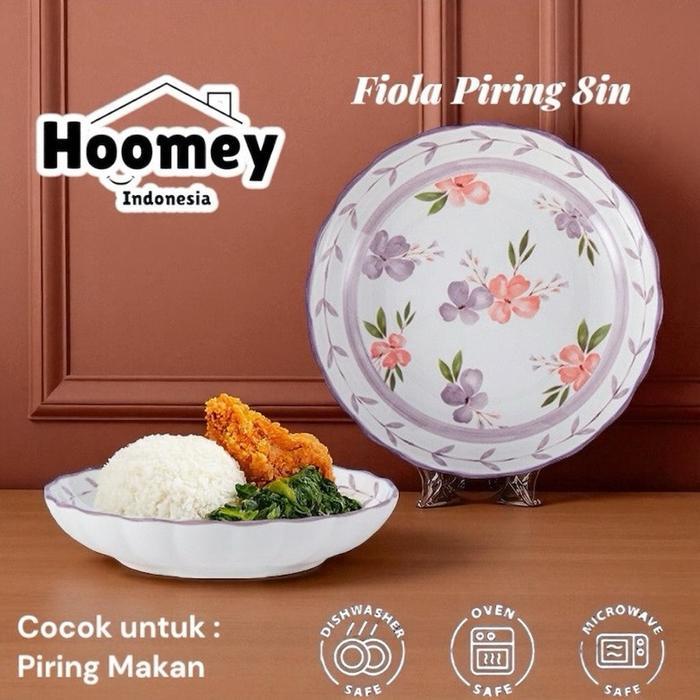 Piring Keramik Fiola Piring Keramik 8in (20cm) Motif Bunga Ungu Pink Piring Makan Aesthetic Piring