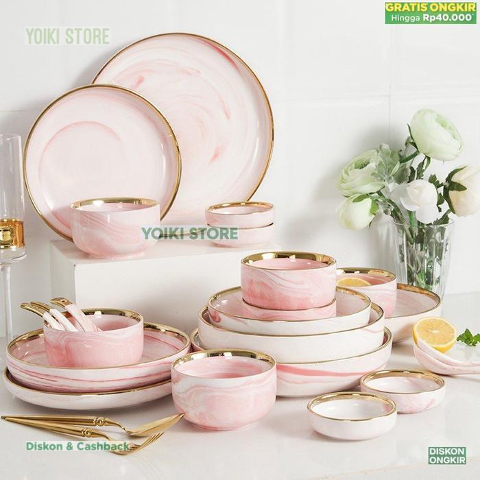 Y.S Pink Gold Dining Set 18 Pcs Piring Mangkok Keramik Marble Pink