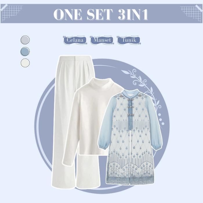 Setelan Lebaran Remaja ( Manset Panjang - Tunik Brokat - Celana Kulot - Jilbab ) One Set Denim