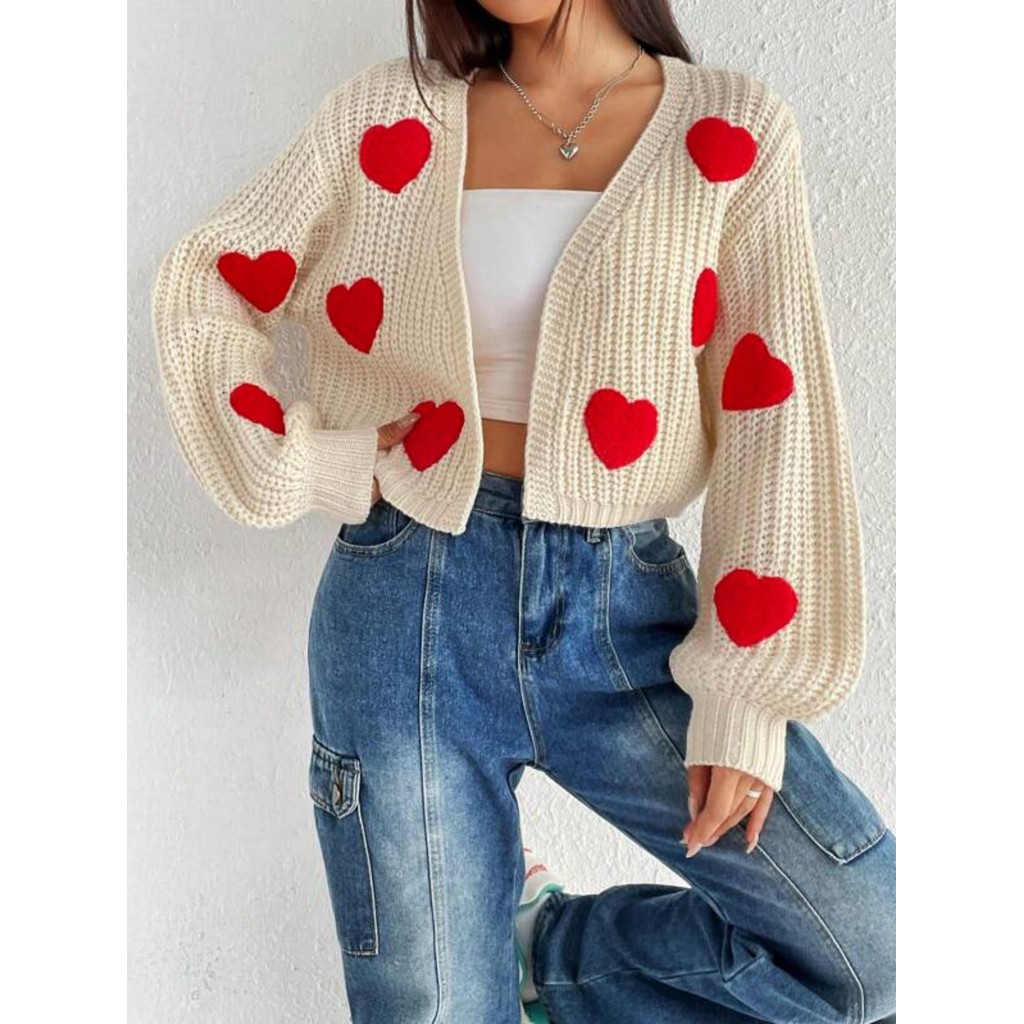 Women's Cream & Red Heart Embroidery Cropped Cardigan V-Neck Open-Front Knit Sweater