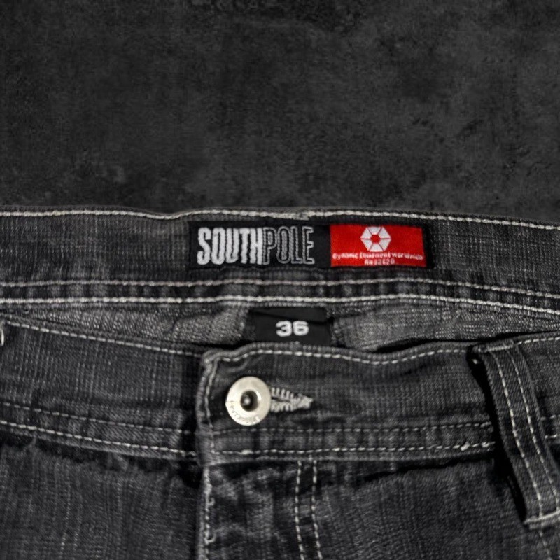Vintage Southpole Women's Jeans Y2K New Harajuku Hip-Hop Black Pants Washed and Ground White Baggy