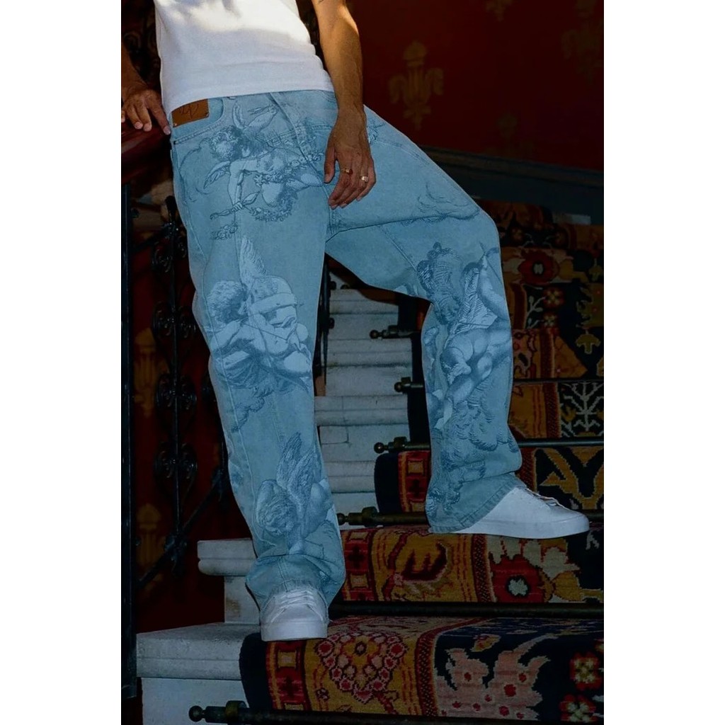 Y2K Art Street Fashion Angel Print Wide Leg Jeans Mens Womens Retro Casual Blue Jeans American Hip