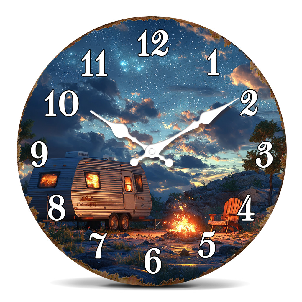 Starry Night Camper Round Wall Clock, Vintage Caravan with Campfire Design, Perfect Outdoor