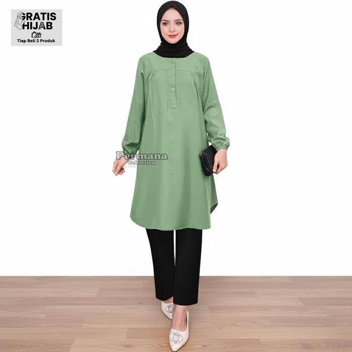 Atasan Wanita Lengan Panjang Baju Kemeja Muslim Tunik Warna Merah Dewasa Rayon Kantong Basic