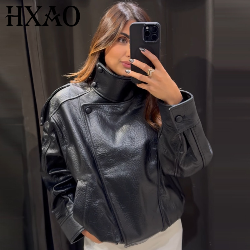 Hxao Faux Leather Black Jackets For Woman New Arrival Cropped Oversize Bomber Jacket Zip-Up Long