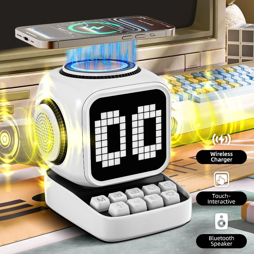 Retro Pixel Art Bluetooth 5.3 Speaker 15W Wireless Charging White Noise Machine DIY LED Display
