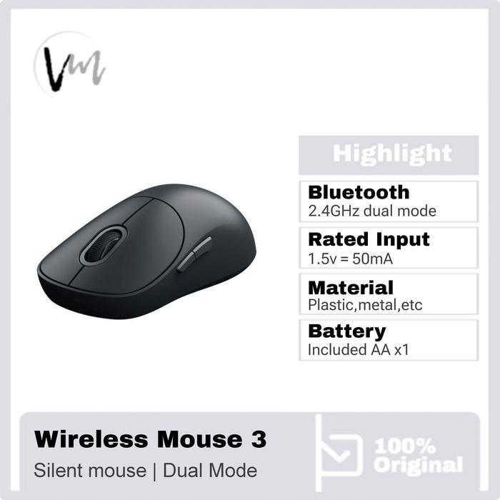 BERGARANSI Xiaomi Wireless Mouse 3 Bluetooth 2.4GHz DualMode 1200DPI USB Receiver