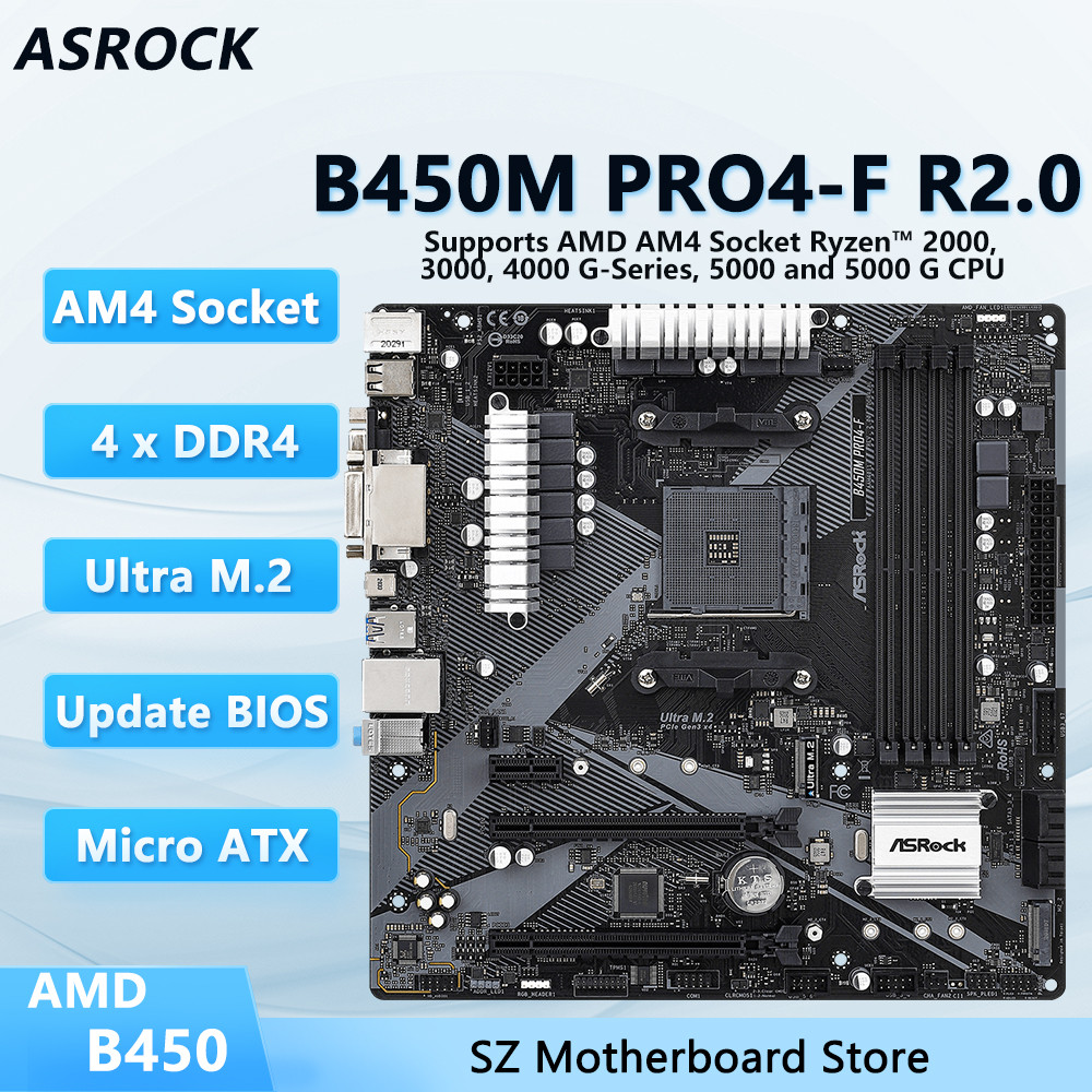 B450M Pro4-F R2.0 ASROCK AMD B450 Motherboard Support AM4 Socket Ryzen 5 5600X 7 5800X 5 5600G 9