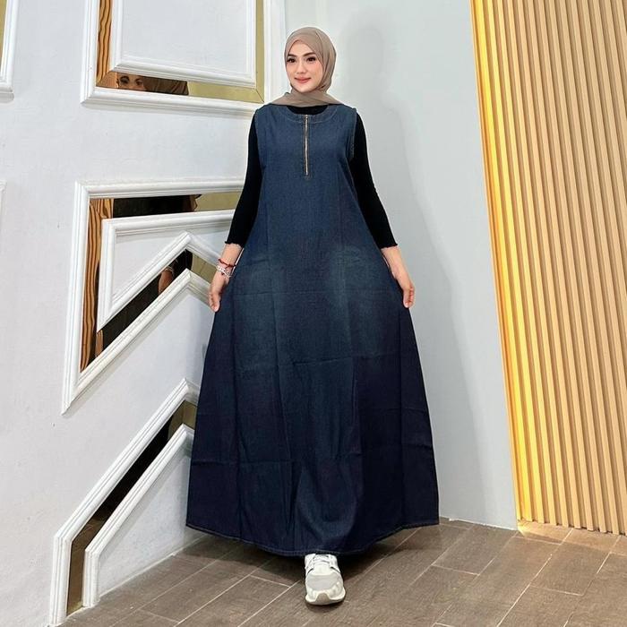 Prily Gamis Rompi Jeans Salur Fashion Muslim Wanita Kekinian