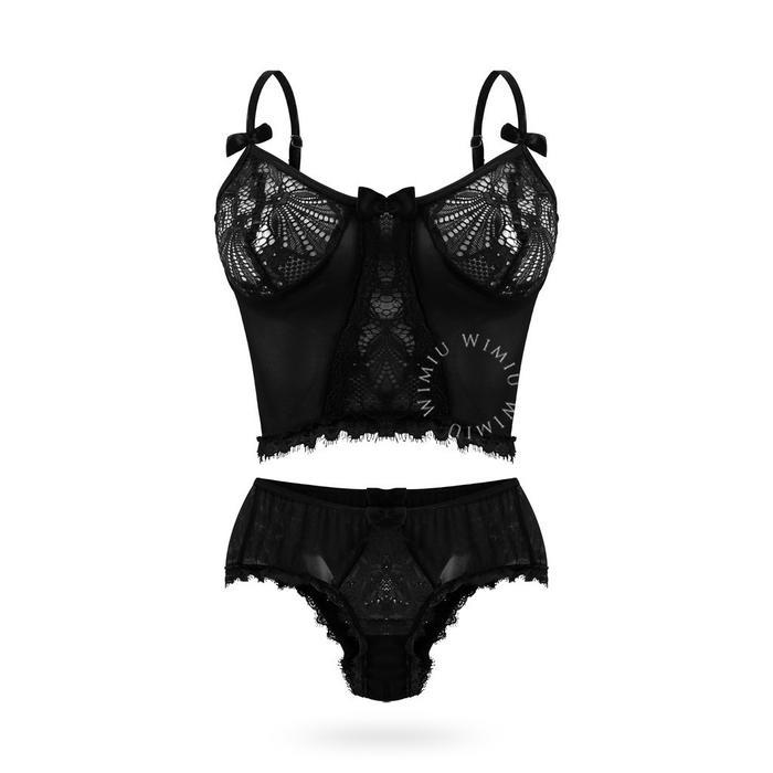 Night Charm - WIMIU One Set Lace CropTop Set Brukat Tanpa Busa Semi Jaring Halus Baju Tidur Gaun