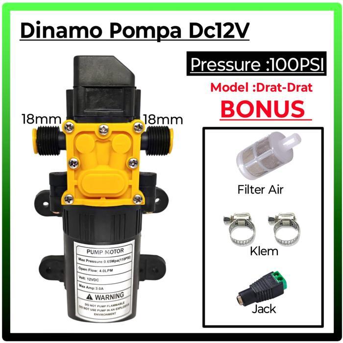DINAMO POMPA DC 12 VOLT 4 LPM 100 PSI DAN ADAPTOR 12V 3A / DINAMO POMPA STEAM /DINAMO POMPA SPRAYER