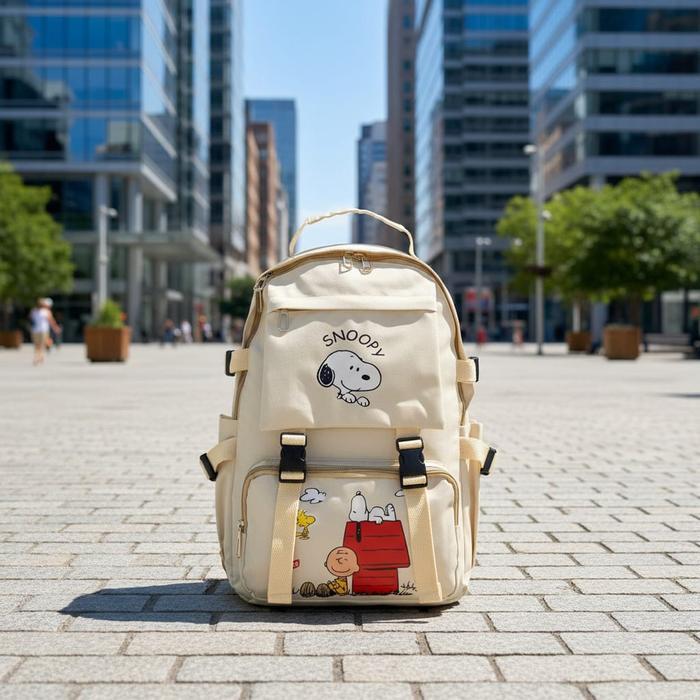 Ransel Snoopy Cream Backpack Wanita Tas Sekolah Kapasitas Besar Protextile
