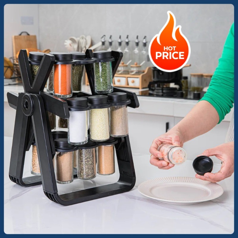Household Rotating Storage Rack Rotating Glass Spice Rack Set Kitchen Spice Storage Rack Seasoning