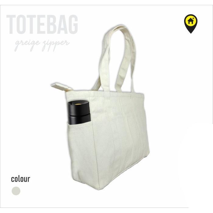 Tote Bag Polos Kanvas, Resleting Besar, Totebag Kanvas Wanita Natural, Tas Kanvas Zipper, Custom Co