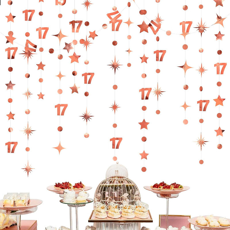 Rose Gold 17th Birthday Decorations Number 17 Circle Dot Star Garland Banner Backdrop for Girls 17th