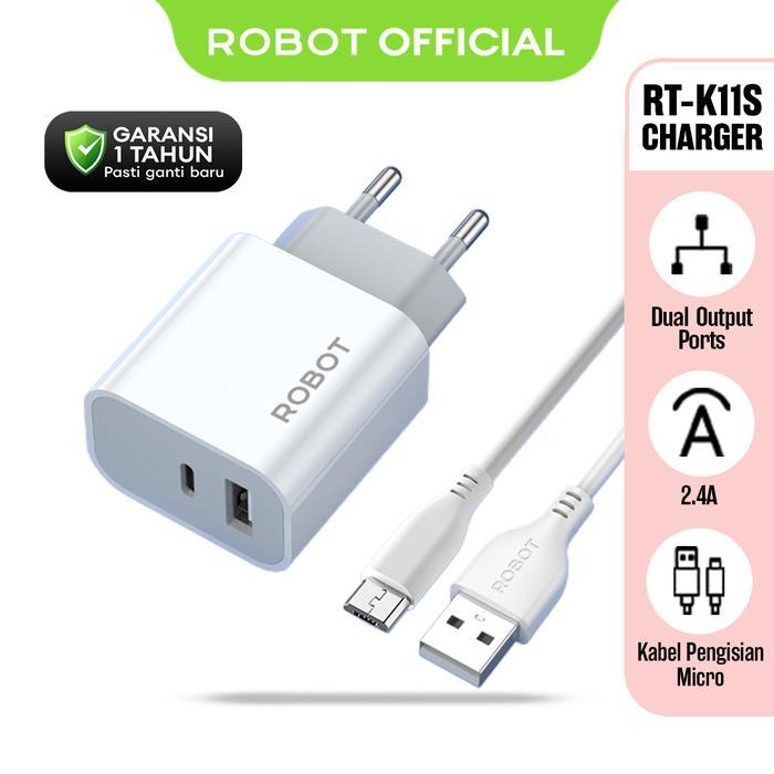 ASLI ROBOT RT-K11S Adaptor Kepala Charger Port USB 12W Kabel ro Charger HP - Bergaransi 1 Tahun -