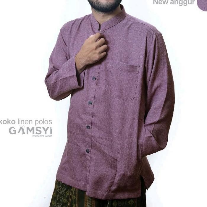Baju Koko Linen Polos Habaib Kerah Samghai/ Koko Gamsyi Lengan Panjang Putih Muslim Pria Casual