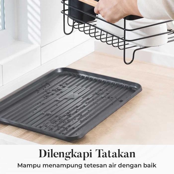 Rak Tirisan Pengering Cuci Piring Gelas Wastafel Anti Karat Dengan Gagang Kayu