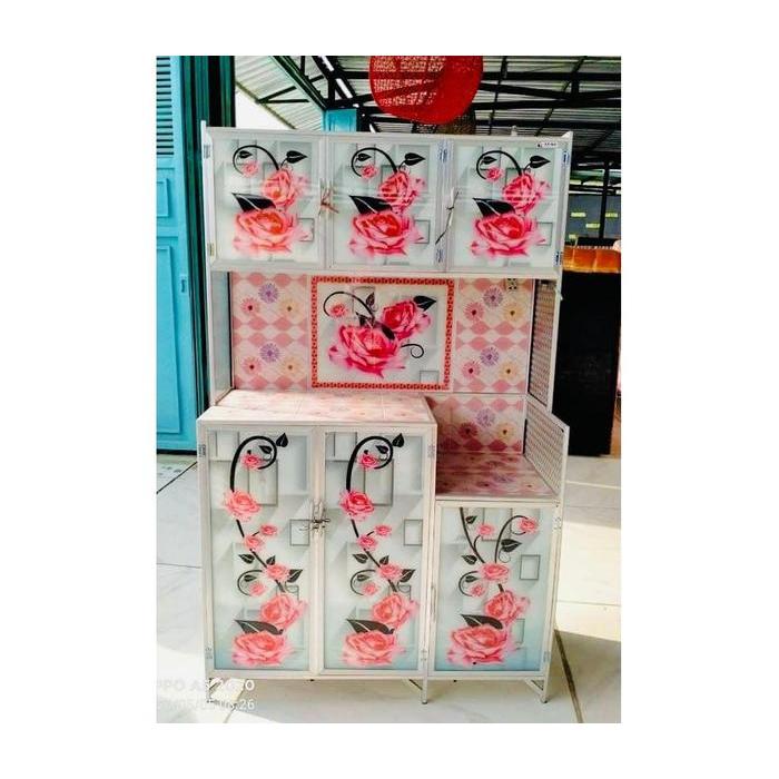 Lemari Piring Rak Piring Kaca 3 Pintu Bunga Alas Seng KHUSUS BOGOR