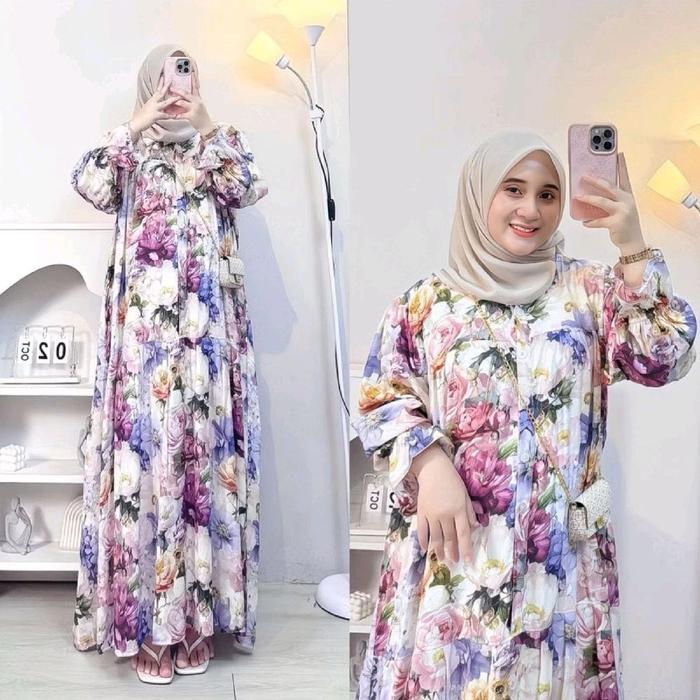 Gamis Dress Rosella Gamis Panjang Rayon Motif Model Lengan Balon Busui Friendly - Gamis Lebaran