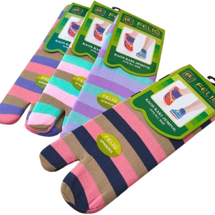 3 SET Kaos Kaki Wanita Dewasa Jempol MOTIF GARIS Katun Casual Nyaman Panjang Pendek