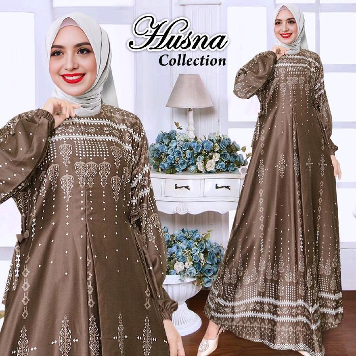 zeni Husna Collection Gamis Silk Premium Shakila Kain Maxmara Motif Dress Lebaran Muslim Panjang