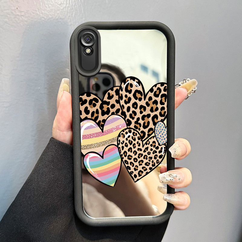 Casing Hp Untuk Xiaomi Redmi 9A Redmi 9i Redmi 9T Redmi 9 Power Case Leopard print heart Cermin Kasi