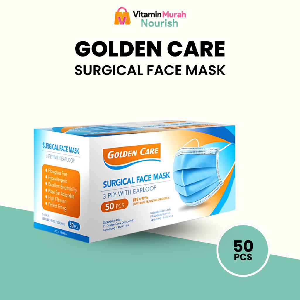 MASKER GOLDEN CARE 3 PLY WITH EARLOOP BFE 99 % 1 BOX ISI 50 PCS