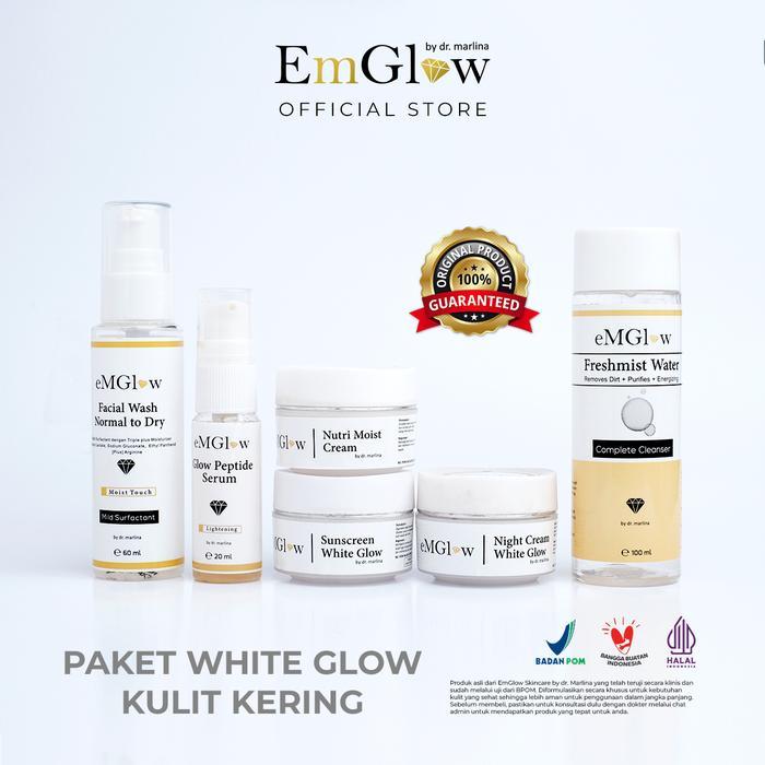 terlaris, best seller EmGlow - Paket WHITE GLOW Set Skincare Pencerah Wajah Untuk Kulit Kering &