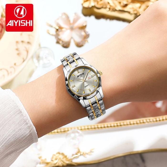 Jam Tangan Wanita Aiyishi Automatic Quartz Alloy, Tahan Air 30M, Bercahaya, Tampilan Kalender Ganda,