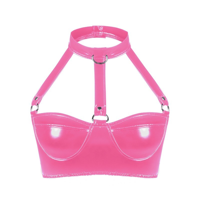 Lingerie Women Pu Leather Pvc Bra Exotic Button Halter Latex Bralette To Novelty Costumes Nightwear