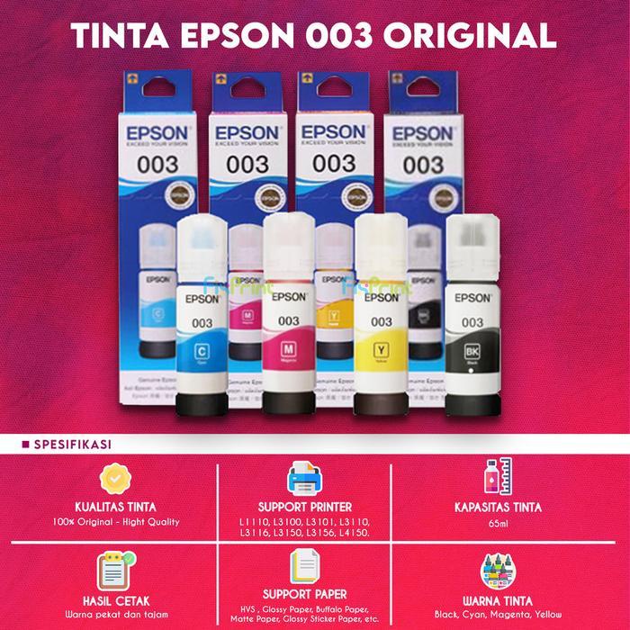 Tinta Refill Epson Original Ori 003 Black Cyan Magenta Yellow 65Ml, Tinta Refill Printer Epson L1110