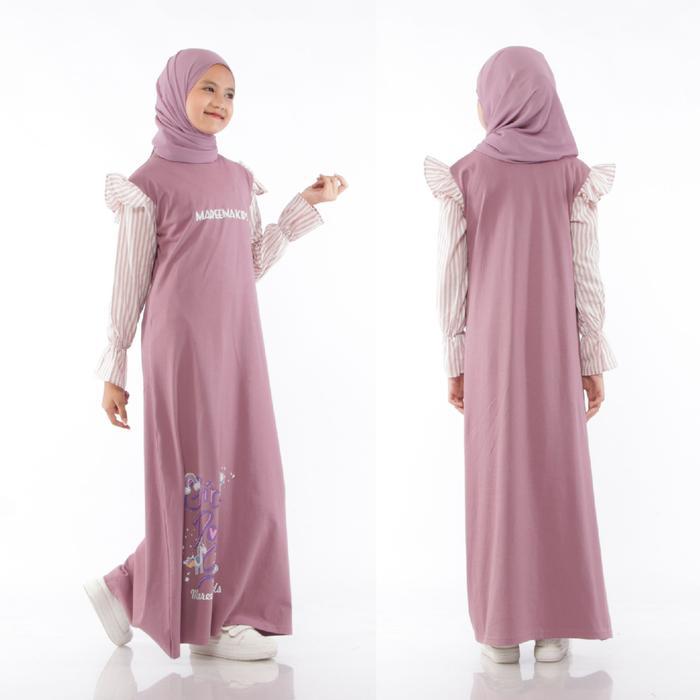 Gamis Anak Perempuan Kaos Muslimah - Dress Anak Tanggung Baju Muslim Panjang Nyaman Motif Salur