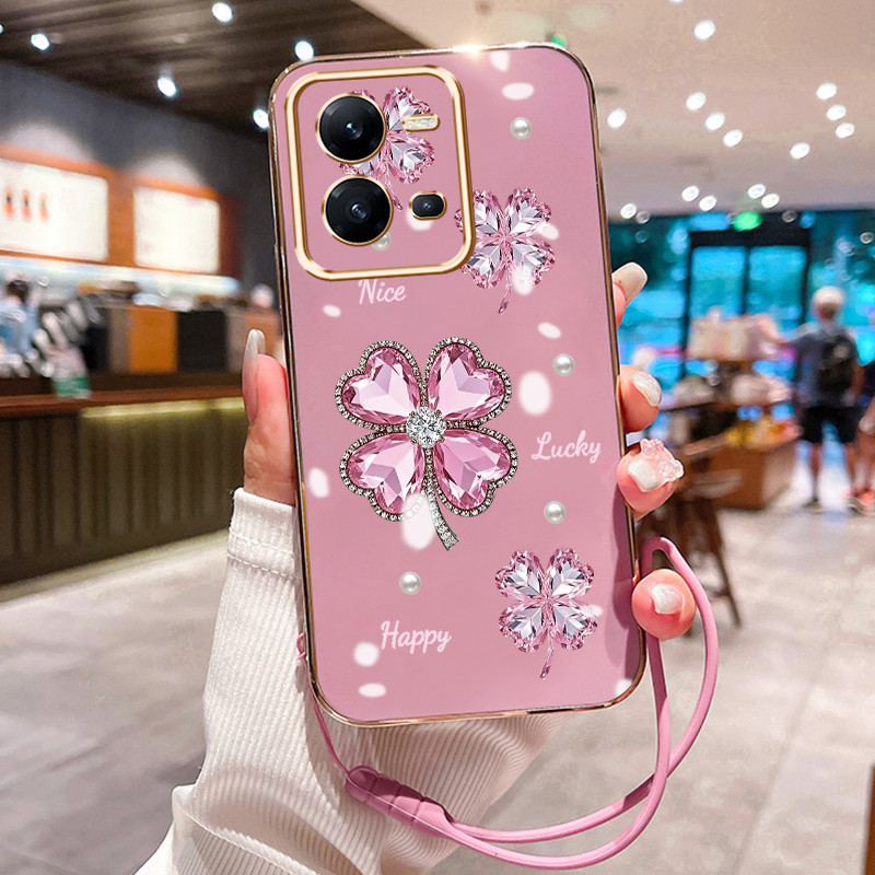 Casing Hp Untuk VIVO V25 5G V25E Case Beruntung Semanggi Permata Pink Kesing pelapisan elektro Kasin