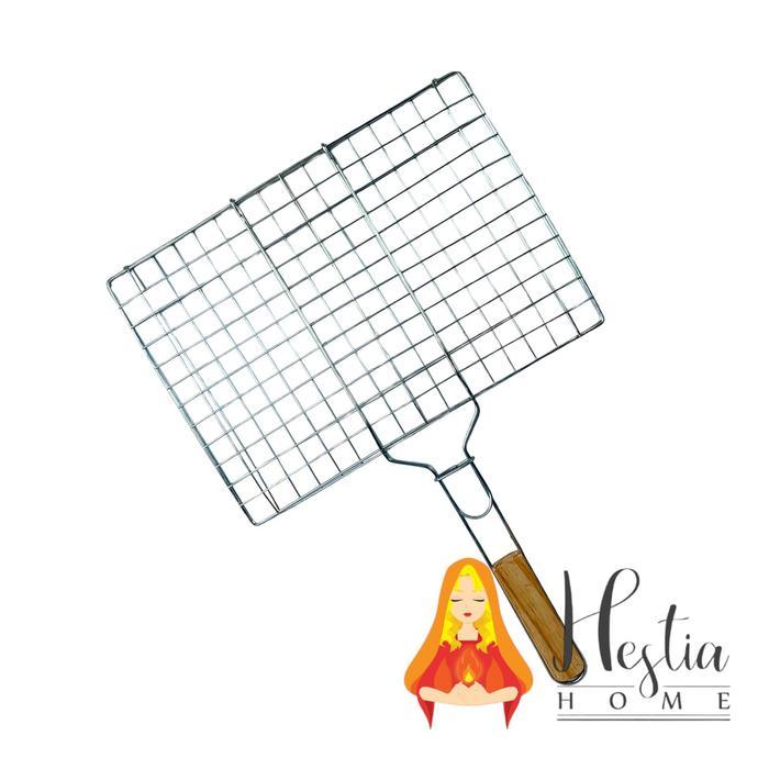 Panggangan Ikan Gagang Kayu Alat Panggang Jepit Stainless Multiguna