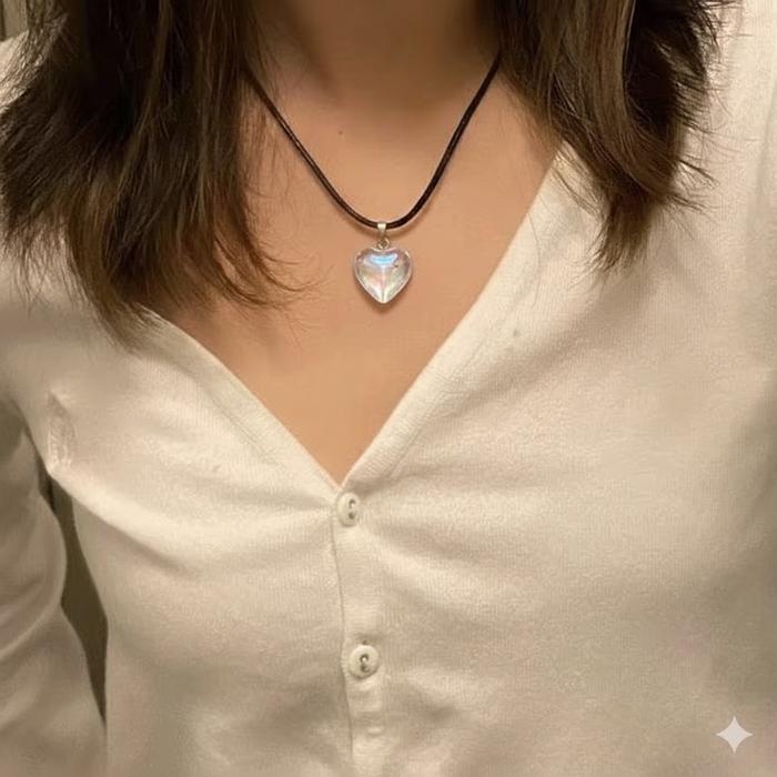 Korea Peach Heart Shaped Natural Stone Pendant Necklace Sweet Jade Love Y2K Necklace Black Rope