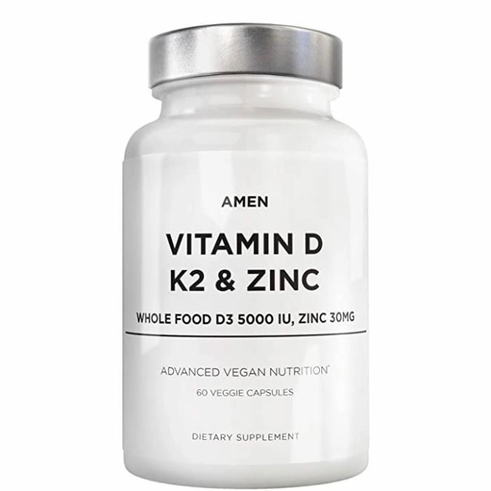 Amen Vitamin D, K2 & Zinc, D3 5000 Iu Organic Whole Food 60 Capsules