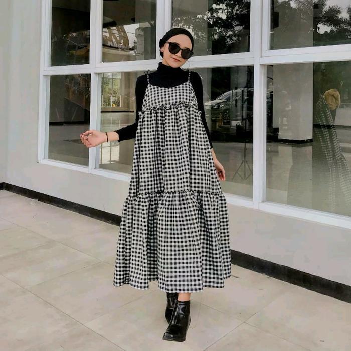 Midi Dress Overall Polos Muslim Panjang Wanita Wolfis Gamis Maxi Hitam Terlaris