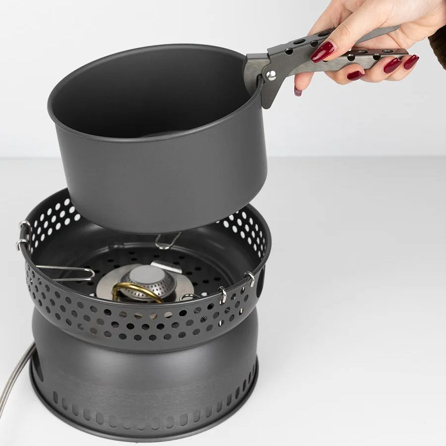 New Camping xbl100-Q1 Stove Pots Cooking System Set 2 Pot 1 Pan Gas Alcohol Stoves Optional