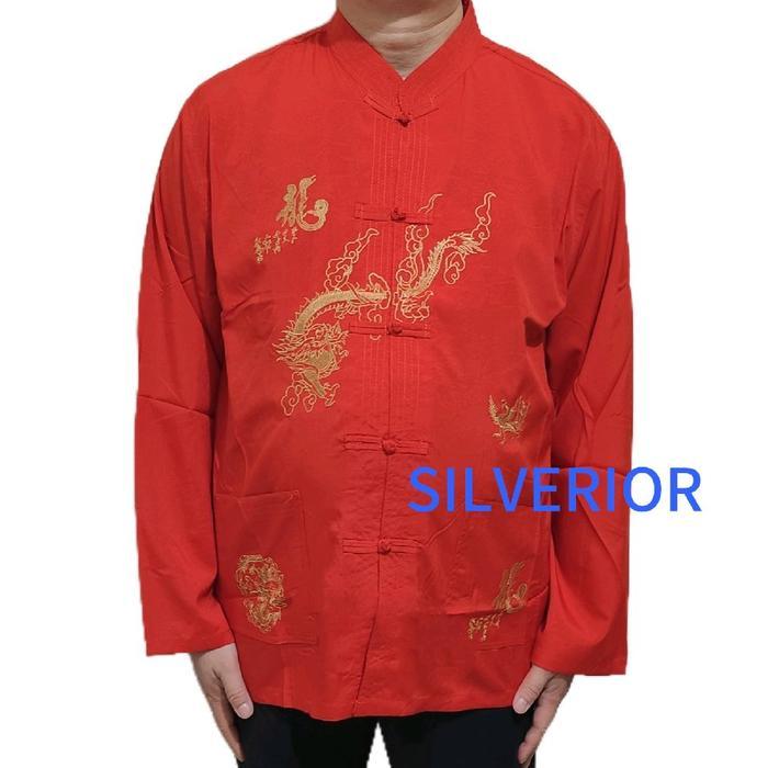 Baju Tradisional Cheongsam Hanfu Cina Oriental Pria Naga Merah Red